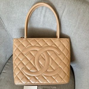 Chanel Vintage Caviar Quilted Medallion Tote Beige